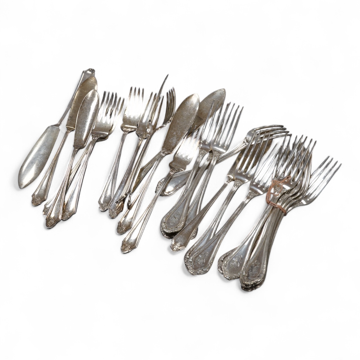 A set of seven Elizabeth II silver fish knives and six forks, Cooper Brothers & Sons, Sheffield, 1966, together with a set of twelve continental 800 standard white metal dessert forks, 39oz.